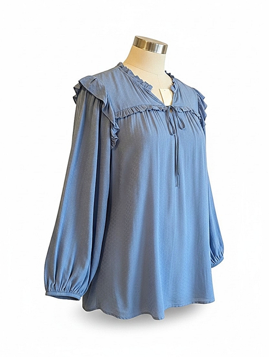Chenault Tops - NWT! Blue Ruffle-Trim Long Sleeve Women's Top